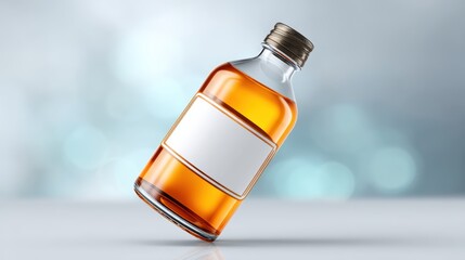 A glass bottle containing amber liquid, featuring a blank label, set against a soft, blurred background.