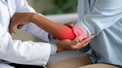 Doctor examining patient with arm and wrist pain, indicating inflammation, injury, or discomfort in a healthcare setting