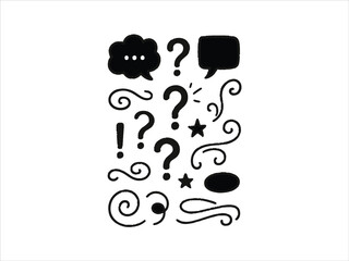 cartoonish hand drawn symbols set including speech bubbles, question marks, decorative swirls
