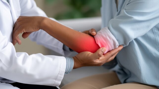 Doctor examining patient with arm and wrist pain, indicating inflammation, injury, or discomfort in a healthcare setting