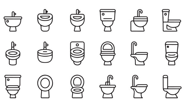 Minimalist line icon set of various restroom fixtures including toilets and urinals