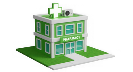 Green pharmacy building with a white cross