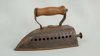 Old metal iron with wooden handle and side knob on a light gray background old iron flat iron