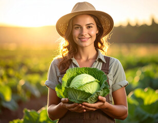Woman farmer smiling holding fresh cabbage at sunset