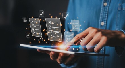 Person using a tablet with digital checklists and checkmarks floating above it.