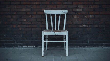 Old white wooden chair with cracked seat against brick wall image photo