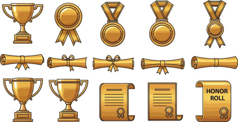Golden trophies, medals, and diplomas celebrating achievement and success