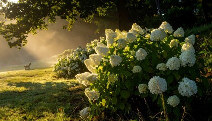 Sunlit hydrangea garden filled with colorful blossoms