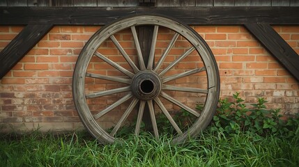 Old wooden wagon wheel leaning against a brick wall with grass vintage rustic