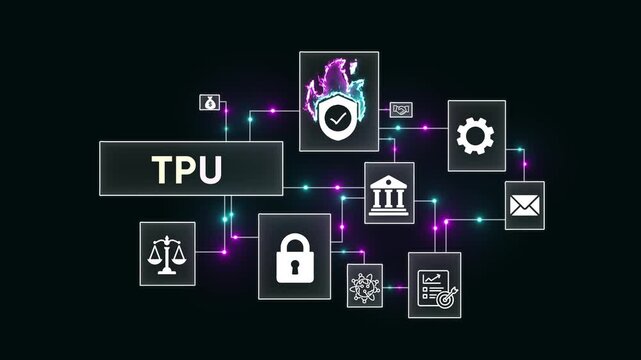 TPU diagram illustrating security, finance, legal, and operational functions with interconnected icons and glowing nodes Keywords: TPU, tensor processing unit, diagram, flowchart, technology