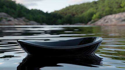 A black bowl floats on a calm lake, surrounded by lush green trees and rocky cliffs.