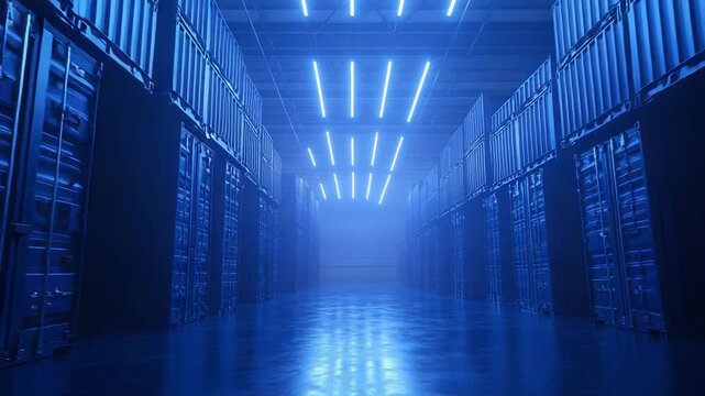 Futuristic warehouse storing intermodal shipping containers in blue light