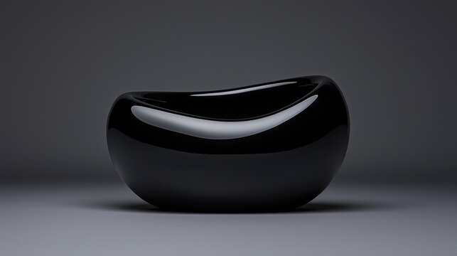 A black, abstract sculpture with a smooth, curved surface.