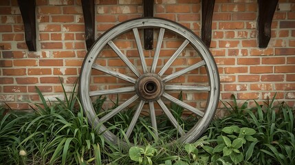 Rustic wooden wagon wheel on a brick wall with surrounding green foliage vintage antique