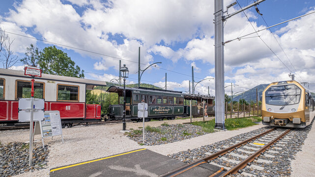 Mariazell Railway station, the home hub of the electrically operated narrow-gauge Mariazell Railway from St. Polten via the Pielach Valley to Mariazell, Austria