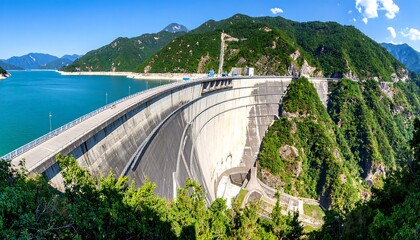 Panoramic view of Three Gorges Dam surrounded by mountains