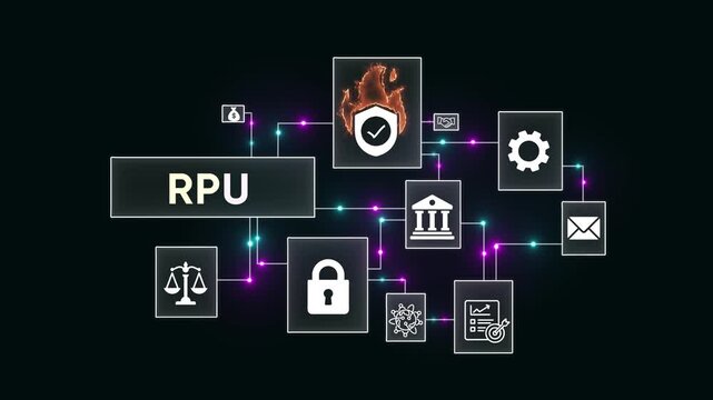 RPU remote processing unit concept with connected icons and glowing lights on dark background Keywords: RPU, remote processing unit, edge computing, network, data, protection, shield, fire