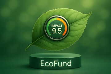'Eco Fund' concept with a vibrant green leaf holding a glowing sphere displaying an 'Impact 9.5' score, symbolizing high-rated sustainable investment and environmental technology.