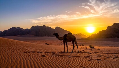 A single camel stands silhouetted against a desert sunset (1)