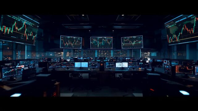 Dark Trading Room with Multiple Stock Market Charts on Large Screens at Night