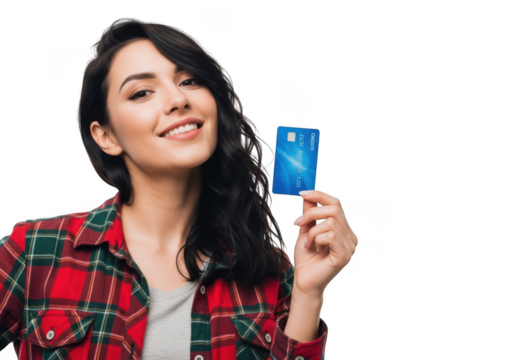 Young woman smiling and holding a blue credit card isolated on transparent background