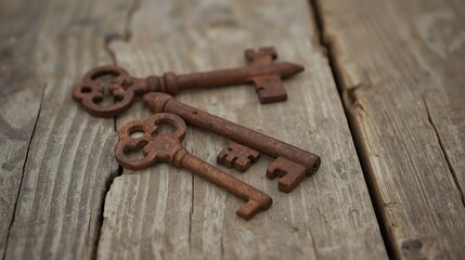 Three antique rusty keys on a weathered wooden surface vintage