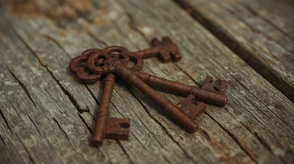 Three Ornate Antique Skeleton Keys on Weathered Wooden Surface rustic metal