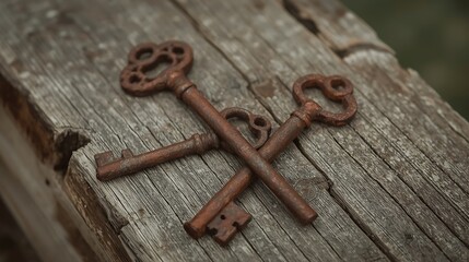 Two Crossed Rusty Antique Skeleton Keys on Weathered Wooden Surface rustic metal