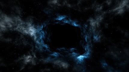 A deep black void surrounded by a swirling nebula of blue and white.