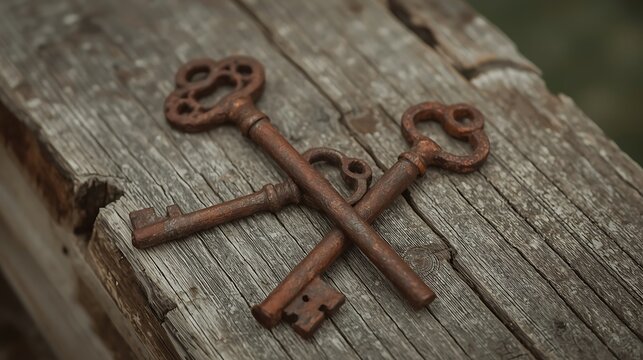 Two Crossed Rusty Antique Skeleton Keys on Weathered Wooden Surface rustic metal