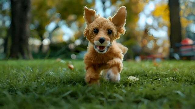 Airedale Terrier puppy running on grass with autumnal trees in the background.