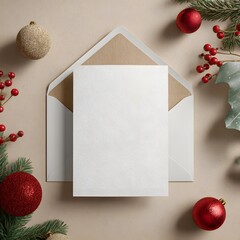 Elegant Christmas card mockup with envelope and festive Christmas decoration