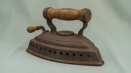 Vintage coal iron with wooden handle and crank on a light gray background vintage iron flat iron