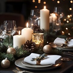 Festive holiday table, candles, Christmas decorations, elegant