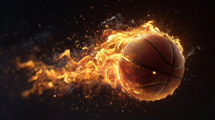 Fototapeta premium A basketball engulfed in flames with smoke trails on a dark background in a dynamic composition