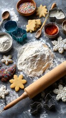 Flat lay of holiday baking ingredients flour rolling pin