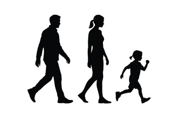 Silhouette of a family walking together, father, mother and daughter