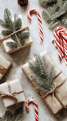 Holiday-themed flat lay with wrapped gifts candy canes