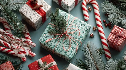 Holiday-themed flat lay with wrapped gifts candy canes