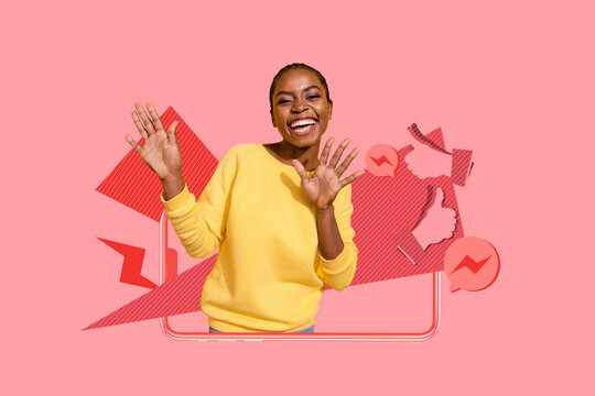 Image full pop trend collage of happy girl guy stand phone peek hand hold heart like reaction social media subscriber feedback