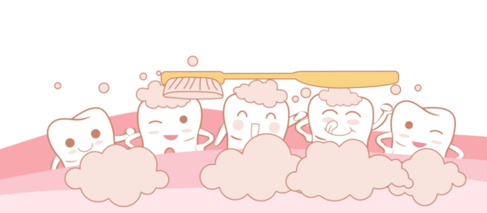 Cartoon teeth characters getting brushed with toothbrush happily