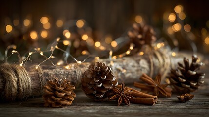 Pine cones and cinnamon sticks arranged with Christmas light