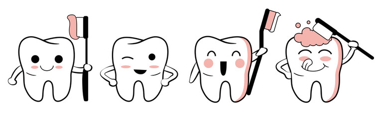 Cute Tooth Characters Brushing Dental Hygiene Illustration Set