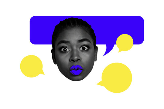 Full artwork 3d banner collage of bodyless girl blue pomade pouted lips bubble communication speech copyspace icon dialogue