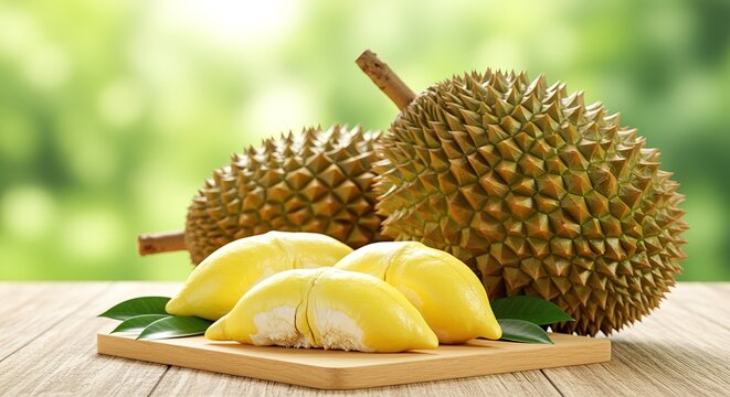 Durian fruit on wooden surface tropical food exotic yellow sweet delicious ripe fresh healthy nutrition vegetarian vegan table - Powered by Adobe