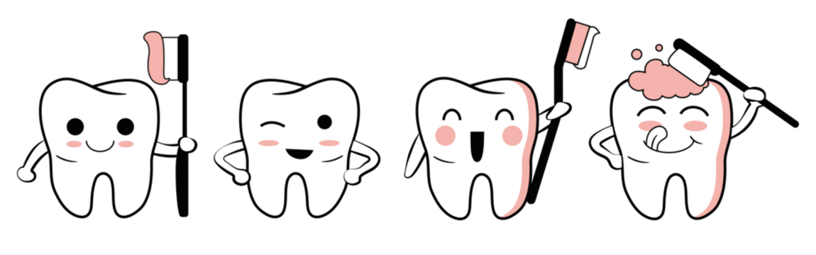 Cute Tooth Characters Brushing Dental Hygiene Illustration Set