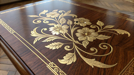 Wooden coffin with gold floral pattern, close-up view.