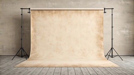 Empty studio backdrop with textured wall and wooden floor ready for photography