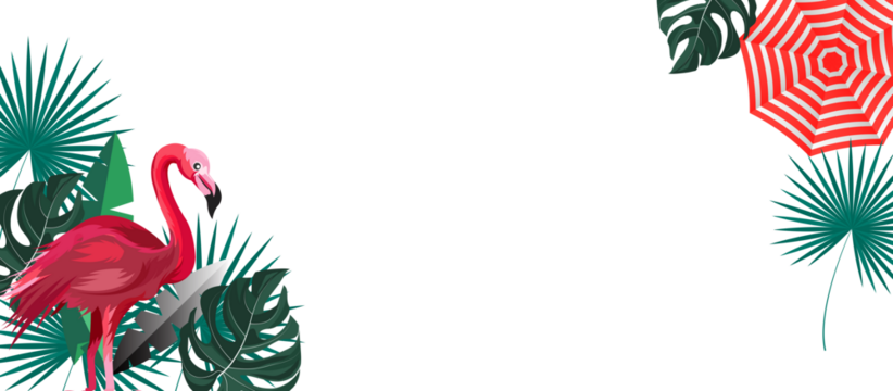 Flamingo tropical summer illustration with umbrella and leaves