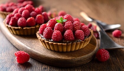 chocolate raspberry tarts on a wooden board